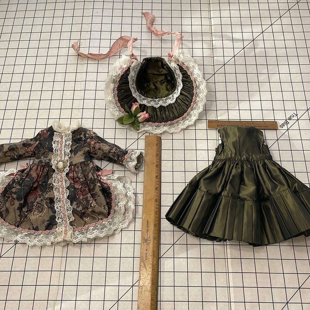 Victorian inspired doll's outfit, dark green taffeta dress, matching bonnet/coat